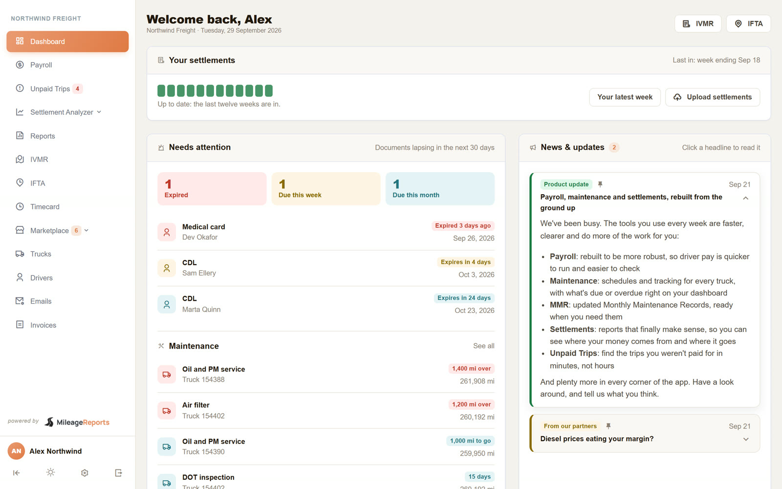 The Mileage Reports dashboard, with trucks needing attention